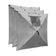 Gray outdoor shelter with a small attached tent, labeled '3 Pack' on a white background.