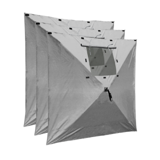 Gray outdoor shelter with a small attached tent, labeled '3 Pack' on a white background.